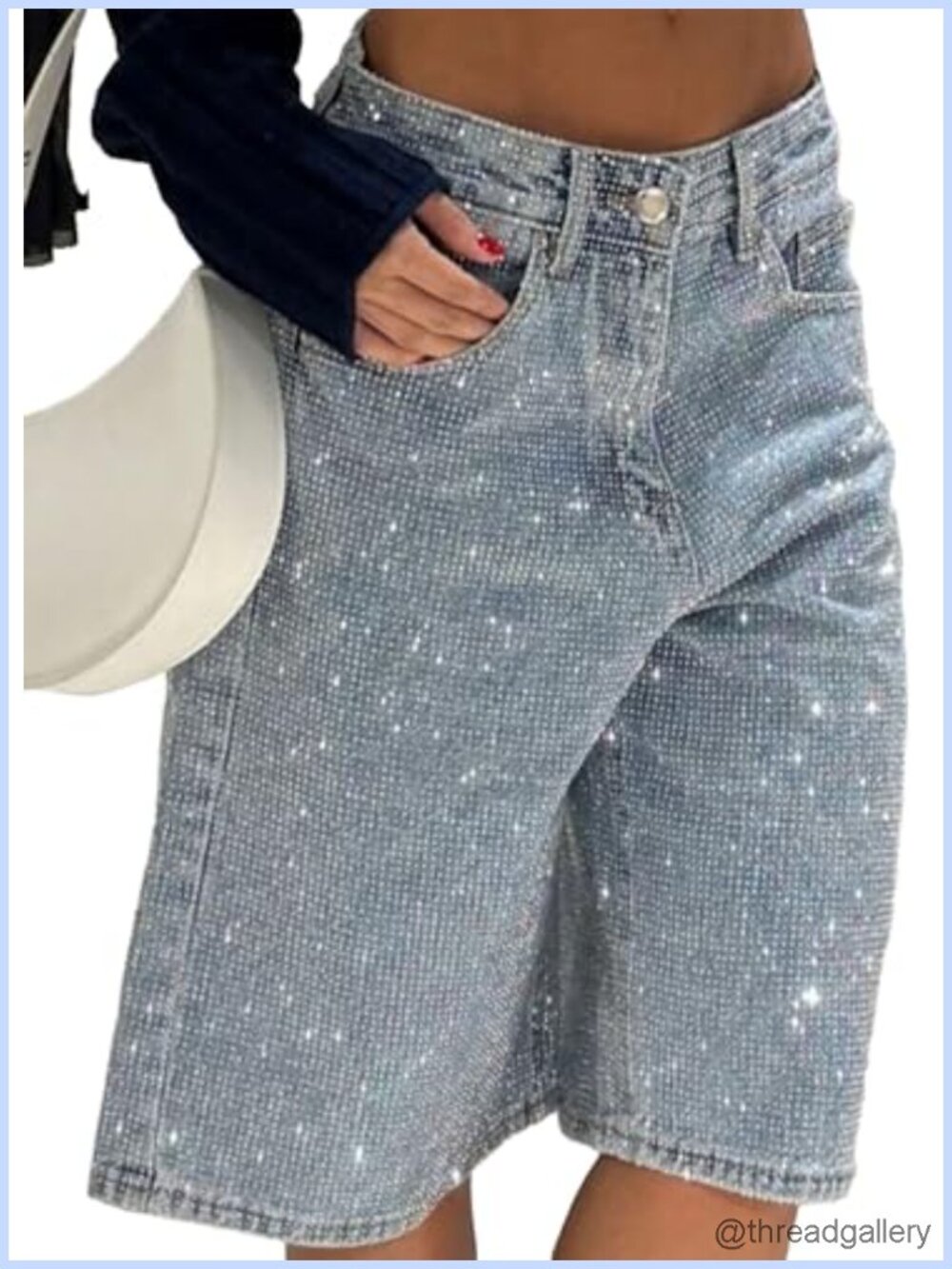 Rhinestone Denim Shorts High Waisted Loose Fit Stretchy Bling Jean Shorts